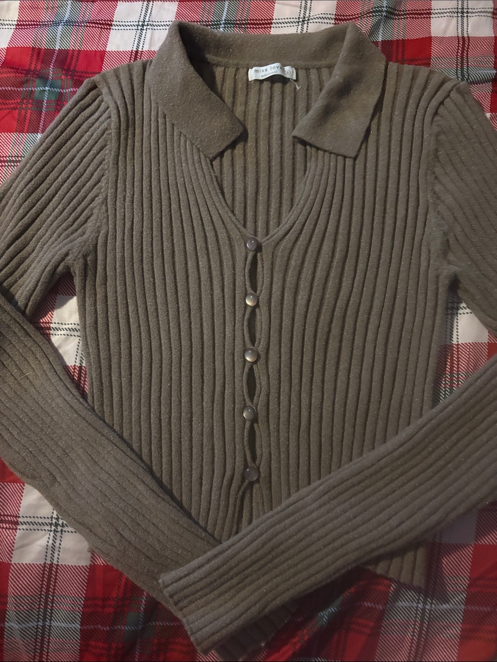 Button-Front Ribbed Collared Cardigan Sweater - Olive